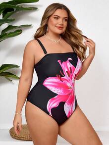 SHEIN CURVE+ 大码女士连体泳衣，夏季度假印花泳装 - 黑色 - 查看 3