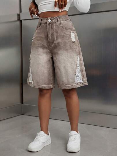 Slaydiva 女士休闲口袋纽扣做旧牛仔短裤，适合日常穿着