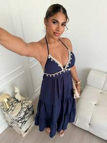 Maria Perezxox 女式贝壳边饰腰部系带挂脖中长连衣裙 - 藏蓝色 - 查看 1