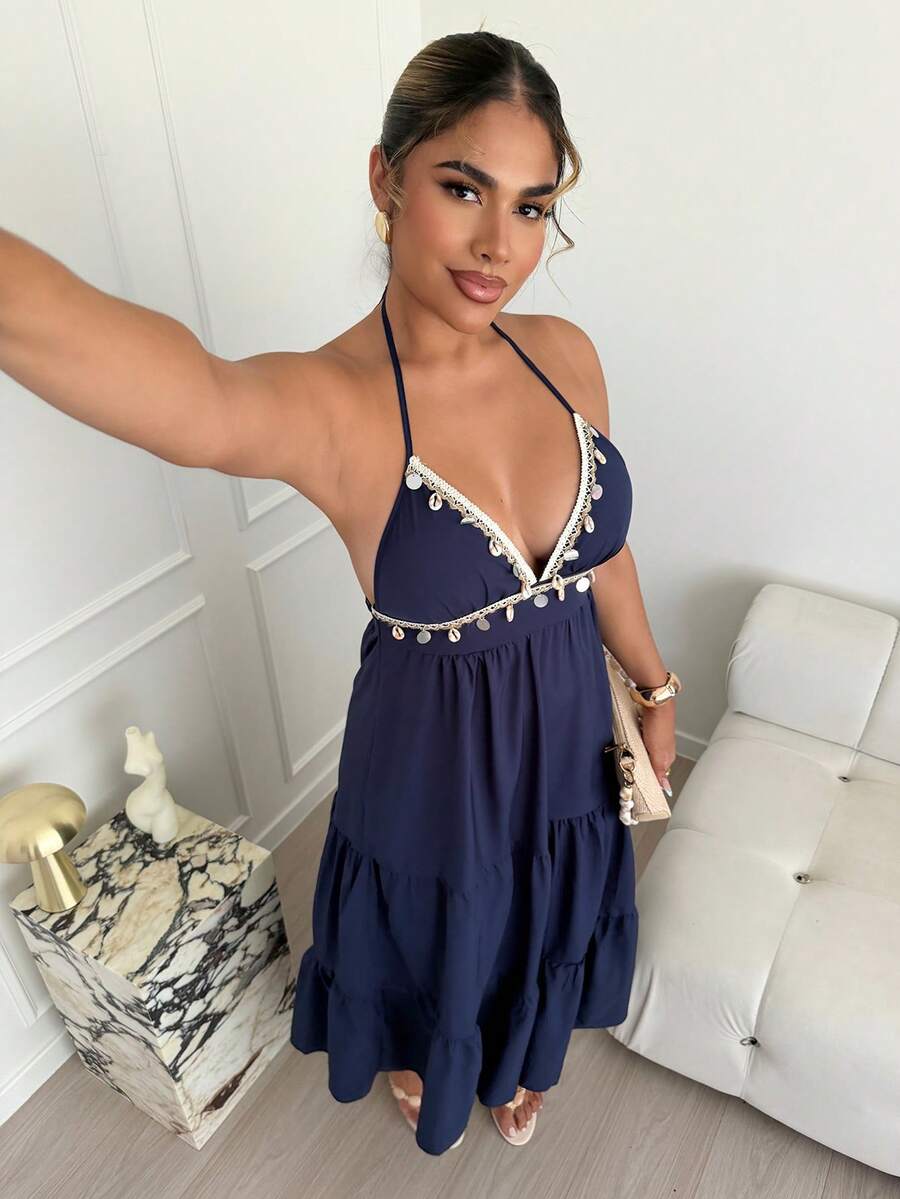 Maria Perezxox 女式贝壳边饰腰部系带挂脖中长连衣裙 - 藏蓝色 - 查看 1