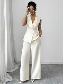 Elenzga 女士杏色领口高领设计腰带拼接网纱刺绣短袖不规则下摆上衣，搭配阔腿裤，优雅精致，适合情人节、复活节、劳动节、生日、约会、派对、正式场合、教师装、旅行、街头风、春季等各种场合。 - 杏色 - 查看 5