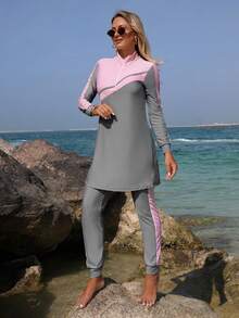 Swim Mulvari Women's Colorblock Long Sleeve & Long Pants Casual Burkini Set, Suitable For Beach & Holiday - Multicolor - View 4
