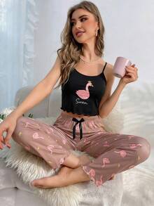 女士夏季卡通天鹅字母印花荷叶边吊带背心和蝴蝶结裤子睡衣套装 - 彩色 - 查看 3