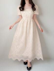 FRIFUL Vestido largo elegante de fiesta con cintura fruncida y bordado floral para mujer - Beis - Ver 5