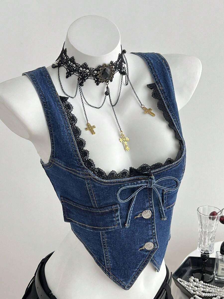 Elamini Women's Summer Casual Contrast Lace Front Button Denim Blouse - Dark Wash - View 1