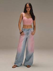 Athîral 女士口袋宽松阔腿休闲百搭牛仔裤 - 淺色水洗藍 - 查看 1