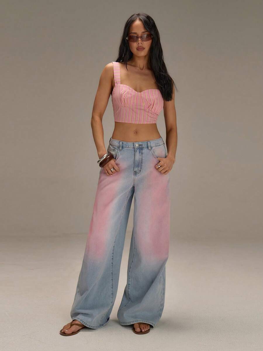 Athîral 女士口袋宽松阔腿休闲百搭牛仔裤 - 淺色水洗藍 - 查看 1