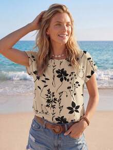 Sylviya 女士休闲简约复古碎花图案翻领衬衫，适合夏季外出穿着，时尚百搭。 - 彩色 - 查看 1