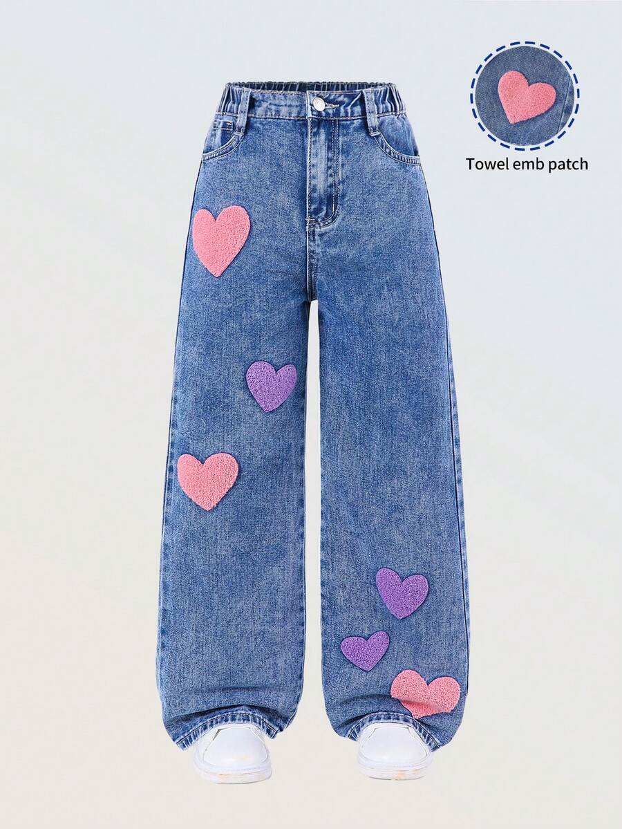 SHEIN ChillGRL Quần denim xanh nhạt thêu họa tiết cổ điển ngọt ngào nhiều màu sắc thường ngày ống rộng rộng rãi thoải mái cho bé gái tuổi mới lớn, phong cách học thuật, mặc hàng ngày - Rửa tối - Xem 1
