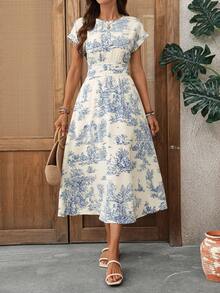 EMERY ROSE 女士圆领褶皱印花优雅派对长裙 - 藍白色 - 查看 5