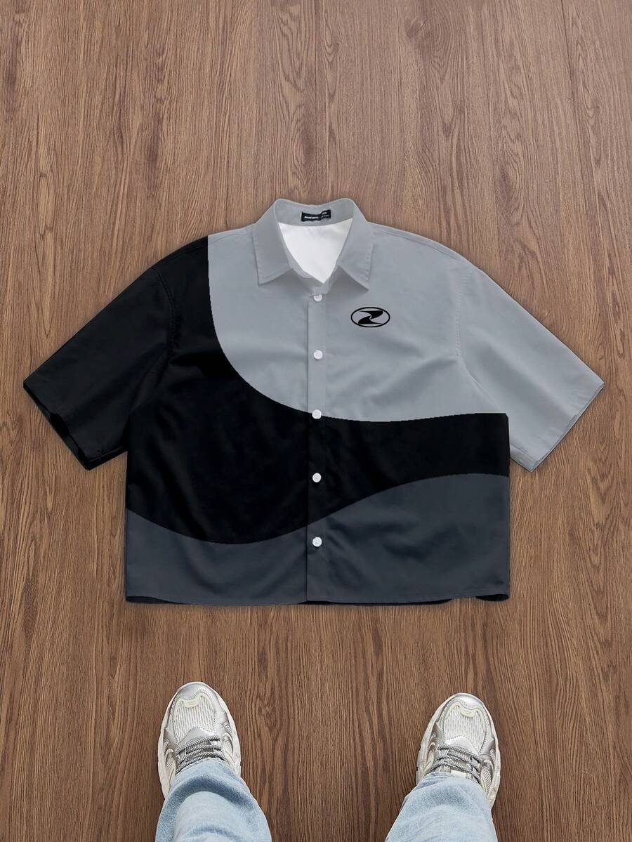 Manfinity ZONE917 Box-Cut Cropped Faux Patchwork Black & Gray Contrast Icon Print Shorts Set, Loose Fit Sweatshirt, Gift For Friends - Multicolor - View 1