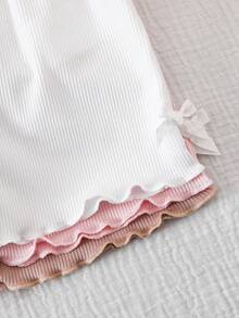 Souflis Souflis 3pcs Baby Girl 0-3Y Cute Summer Holiday White And Brown Pink Ribbed Knit Soft Shorts Set,Casual Sporty Elastic Fitted Above Knee Length Pants - Multicolor - View 3
