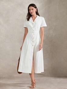 Briarwyn 女士纯色翻领短袖单排扣休闲长裙 - 白色 - 查看 3