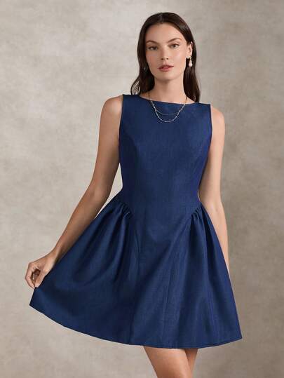 Briarwyn Summer Women's Elegant Solid Color Imitation Denim Fabric Sleeveless Waist  Cinched Pleated Sides Mid-Length Dress, Summer Dresses ,Casual Dress For Women,Vacation Dresses ,Blue Dress,Vacation Outfits Women