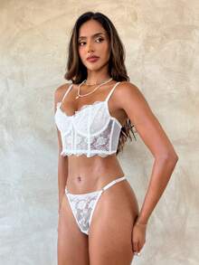 Aloruh 2pcs/Set Women's White Romantic Long Style Lingerie Bra & Panty Set - White - View 5
