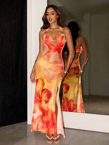 SHEIN ICON Sexy Floral Print Draped Neck Dress With 2 In 1 Design, Suitable For Vacation - Orange - View 1