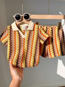 SHEIN 两件套男女宝宝休闲可爱度假条纹短袖polo衫和短裤套装，适合生日派对、锐舞派对、晚宴、演出、婚礼、迎婴派对、洗礼、一周岁生日庆祝、婚礼宾客、迎婴派对洗礼服装 - 彩色 - 查看 4
