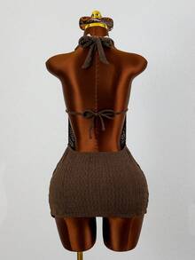 Slaydiva New Women's Backless Halter Mini Cover-Up Dress, Fashionable Sexy Beach Vacation, Spring/Summer - Brown - View 2