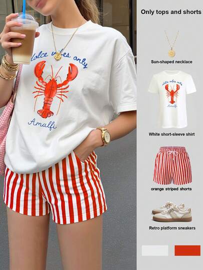 INAWLY Women's Round Neck Letter & Lobster Print Short Sleeve Top And Striped Shorts Casual 2-Piece Set