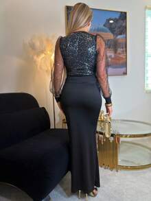 Cioccolato Elegant Sexy V-Neck Waisted High Slit Dress, Sequins Splicing Elastic Knit, Black, Suitable For Party, Daily Dates, Party & Winter Maxi Women Outfit - Black - View 2