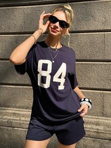 MainGRL 女士海军蓝针织数字T恤和短裤运动套装 - 藏蓝色 - 查看 5