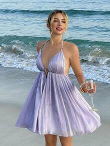 MainGRL Women's Backless Flowy A-Line Deep V-Neck Dress, Vacation, Casual, Date, Daily Wear, Spring/Summer - Green - View 1