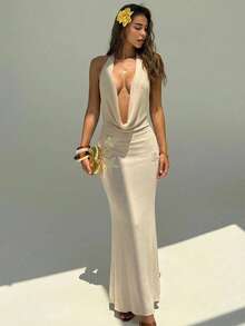 Aloruh Vestido de verano/primavera con cuello en V, espalda descubierta y tirantes con lazo, de punto y ganchillo, para vacaciones - Albaricoque - Ver 5