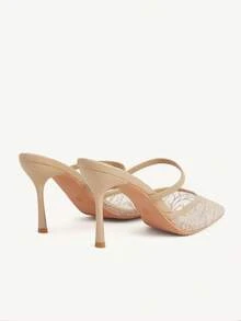 CUCCOO CHICEST Women's New Pointed Toe Khaki Mesh Sequin Fashionable Sexy Stiletto One-Strap Peep Toe High Heel Sandals - Khaki - View 3