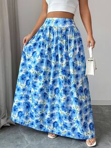 Elenzga Romantic Floral Print High Waist Pleated A-Line Maxi Skirt, Elegant Casual Vacation Dress, Fashion Blue Printed Long Skirt - Blue - View 7