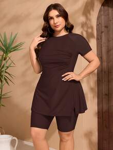 Swim Mulvari Plus Size Women Burkini Set, Ruched Side Tankini Swimwear, Slate Blue - Brown - View 5