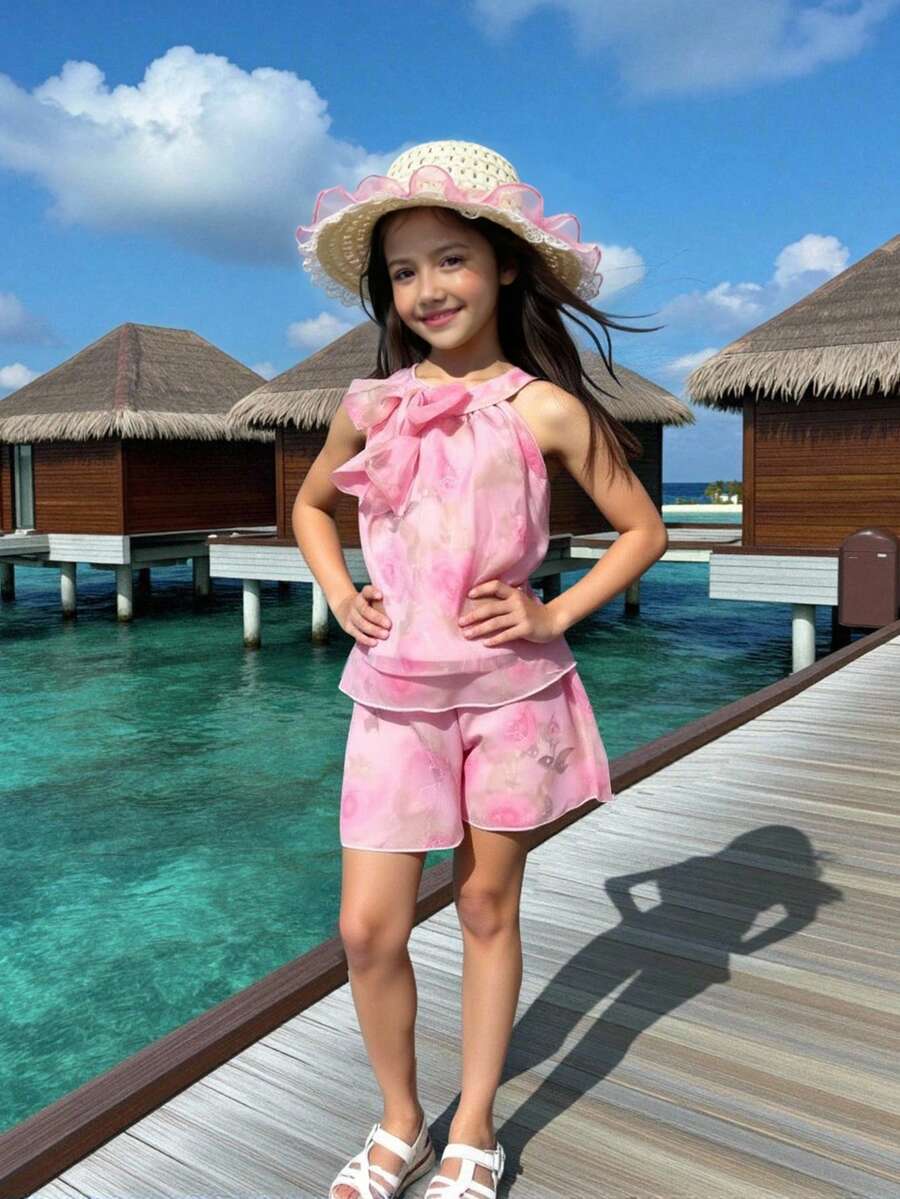 Young Girls: Cute & Elegant Pink Princess Floral Print Sleeveless Tulle Tank Top & Shorts 3-Piece Set With Hat, Beach Vacation Style, Suitable For Spring, Summer & Autumn - Pink - View 1