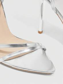 CUCCOO SZL Sandal Wanita Modis Berwarna Putih Transparan PVC Bening dengan Hak Kristal, Sandal Hak Sedang Ujung Persegi untuk Perjalanan, Kencan, Pesta, Liburan, Pernikahan, Prom, dan Sepatu Musim Panas - Perak 20 - View 5