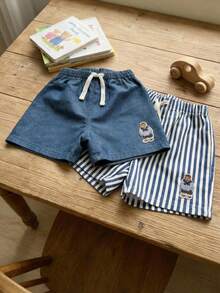 Cozy Pixies 2pcs Young Boy Cartoon Bear Print Striped Elastic Waist Shorts Set - Multicolor - View 6