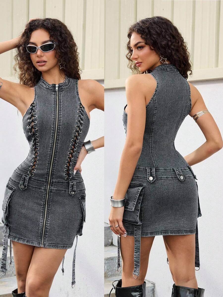 Jeanoix Đầm denim ôm sát cơ thể không tay thời trang kiểu Y2K dành cho nữ, có khóa kéo phía trước và khoen xỏ, dây buộc. - Xám - Xem 1