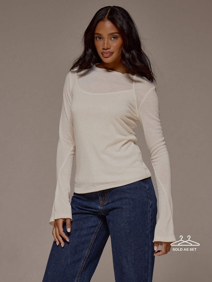 MUSERA Long Sleeve Vest Double Layer Longline Top Spring Summer Cute Cosy Cottage Core Spring Dew Spring Outfit Easter - Apricot - View 1