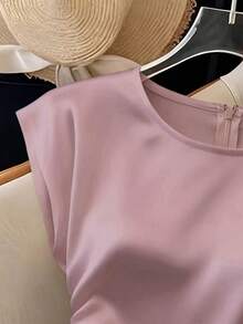 Franclia Áo kiểu nữ thanh lịch cổ tròn, ôm eo, xếp ly, tay ngắn, màu hồng đào nhạt, đa năng. - Màu Hồng  San hô - Xem 3