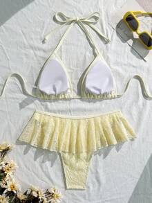 Swim Mod Bộ 2 món đồ bơi bikini tam giác hở lưng dây mảnh gợi cảm tối giản màu trơn & viền bèo nhún - Màu vàng - Xem 8
