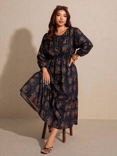 Elaquor 大码女式休闲露背灯笼袖系腰带腰果印花连衣裙