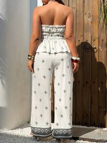 Sunnyshic Nuevo diseño de conjunto de top tubo holgado y pantalones casuales de pierna ancha, primavera/verano - Albaricoque - Ver 2