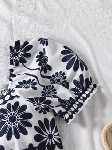 Sparklyn 少女碎花方领泡泡袖连体衣 - 藍色 - 查看 5