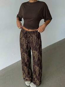 Aloruh 2026 Women's Spring/Summer Fashion: Brown Paisley-Print Casual Pants For Vacation - Brown - View 9