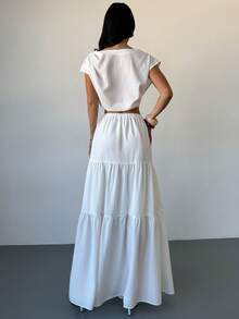 Firerie Women's New White Pleated Cropped Top And Layered Long Skirt Set, Summer White Vacation Midi Skirt Set, Elastic Waist Long Skirt Set, Bohemian Style Set, Spring Summer Outfit, Elegant, Commute, Date, Boho, Vacation, Beach, Skirt Set, Ladies 2-Piece - White - View 2