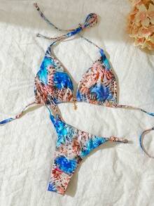 Elavelle Springbreak Women's Random Print Spaghetti Strap Sexy Bikini Swimwear Set, Summer Beachwear Outfits - Multicolor - View 4
