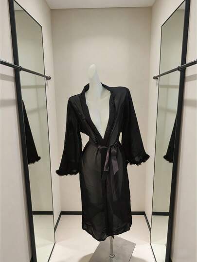 Women'S Sexy Summer Long Sleeve Robe - Deep V-Neck With Tie Waist, Long Flowy Design For Home & Casual Wear, Comfortable Clothing | Deep Vneck Robe