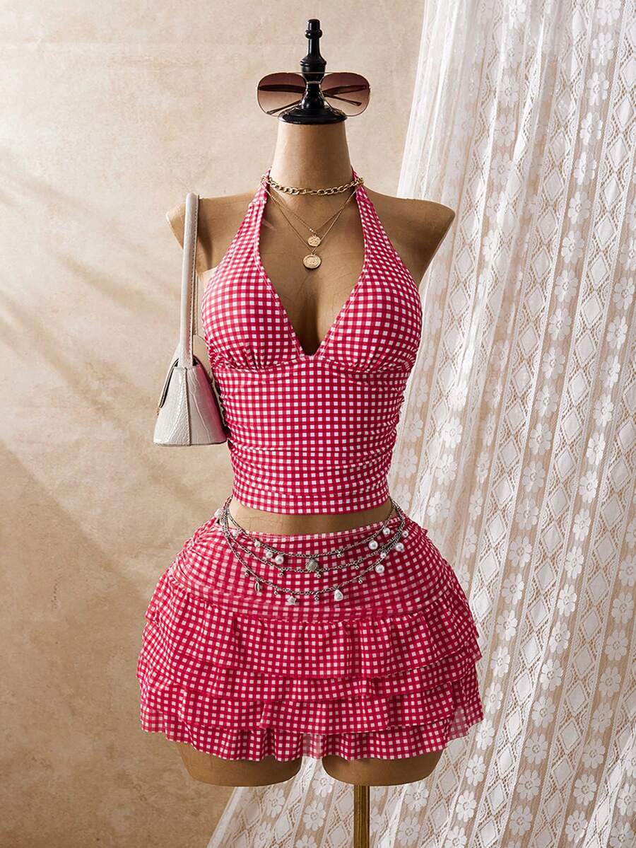 Bellisia Conjunto de traje de baño de tankini con estampado floral de tirantes finos y minifalda para vacaciones en la playa de mujer - Rojo - Ver 1