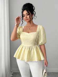 Elenzga Plus Size Women's Yellow Elegant Summer Blouse,French 3D Floral Square Collar Ruched Puff Sleeve Babydoll Top For Party,Vacation,Weddings - Light Yellow - View 6