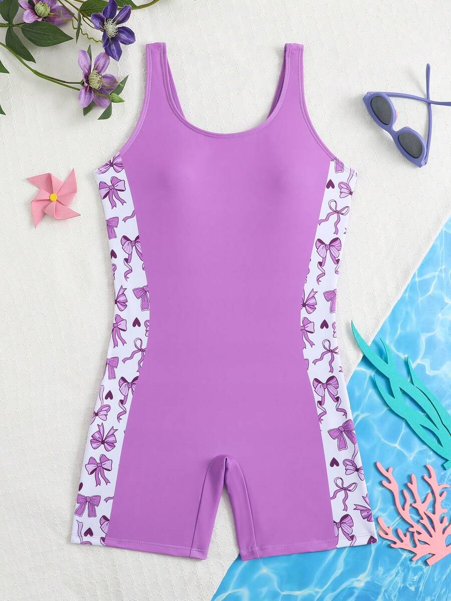 SHEIN 少女休闲紫色撞色爱心蝴蝶结印花针织无袖连体泳衣，带短裤，适合夏季海滩、冲浪、游泳池、度假等场合。 - 紫色 - 查看 1