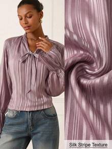 Lilora Women's Tie Collar Pleated Long Sleeve Lantern Blouse,Pink And White Striped,Autumn,Ellegant,Tea Party Casual Versatile Sophisticated Office Shirt - Dusty Pink - View 7