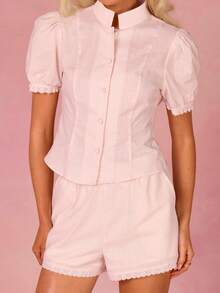 Athîral Bộ đồ nữ màu trơn gồm áo cổ tàu cài cúc đơn tay ngắn và quần short, kiểu dáng thường ngày. - Vàng nhạt - Xem 5