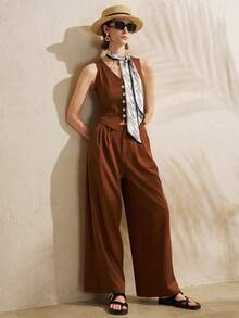 Airaco Bộ vest nữ thanh lịch hiện đại màu trơn gồm áo gile cổ chữ V cài một hàng khuy và quần ống rộng cạp cao, bộ đồ công sở trang nhã, bộ vest thường ngày. - màu nâu - Xem 3